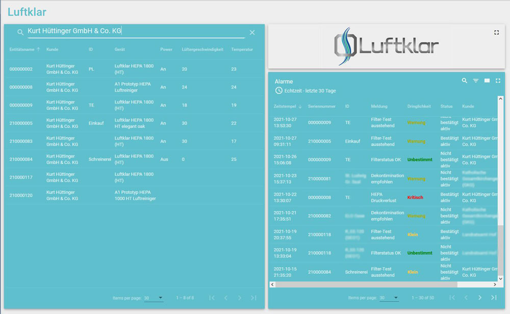 Luftklar Monitoring-Service Start-Screen