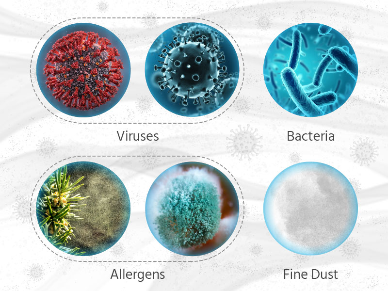 Luftklar air purifiers with Hepa filters have been proven to remove viruses, bacteria, allergens and fine dust Microscope images of viruses, bacteria, allergens and fine dust
