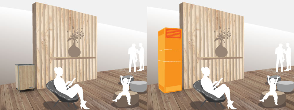 With their high-quality, adaptable design, Luftklar air purifiers can be integrated harmoniously into any room situation Comparison: Luftklar air purifier integrated harmoniously into the interior design and a conspicuously disruptive competitor product