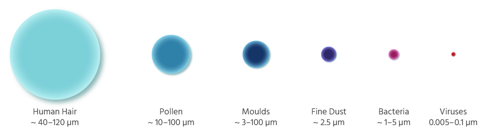 Illustration of particles of different sizes, from human hair to 10,000 times smaller viruses