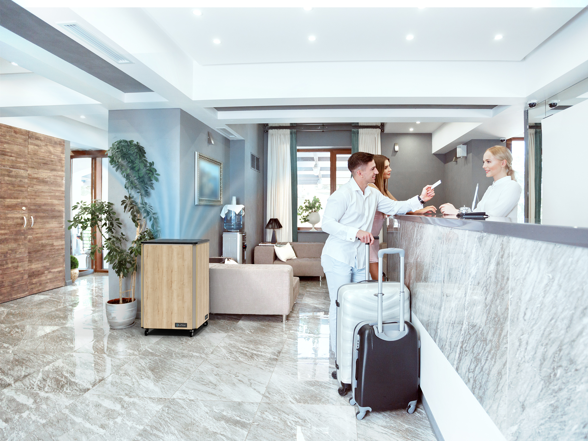 Luftklar air purifier in the lobby of a hotel 