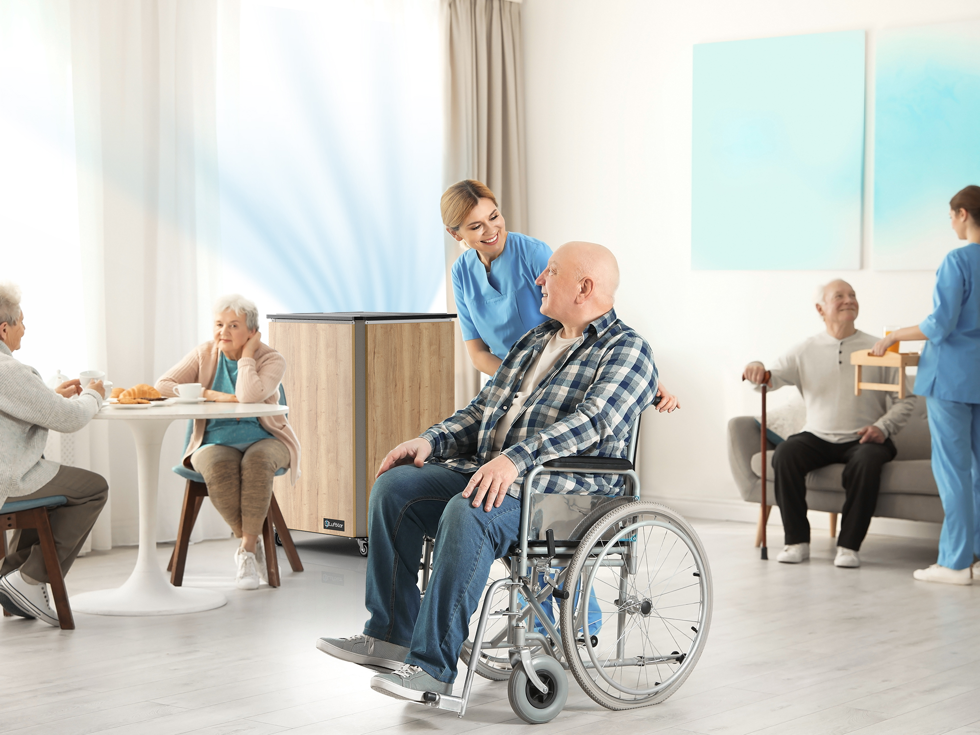 Luftklar air purifier in the common room of an old people's and nursing home 