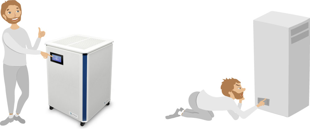 Ergonomic operation of the Luftklar air purifier compared to a competitor product with a display close to the floor